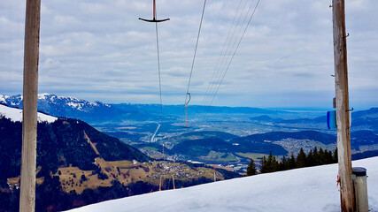 Vintage ski lift Bazora with view of Rheintal, Vorarlberg, Austria.