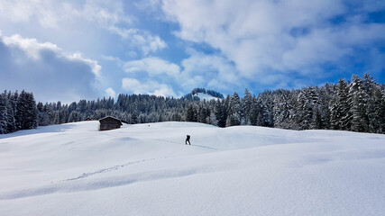 Fototapeta na wymiar Ski mountaineer in idyllic untouched winter landscape. Austrian Alps, Vorarlberg.