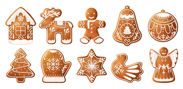 Realistic Christmas Gingerbread Cookies Icon Set
