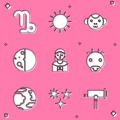 Set Capricorn zodiac, Sun, Monkey, Eclipse of the sun, Astrology woman, Ox, Planet Mercury and Falling star icon. Vector