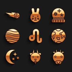 Set Leo zodiac, Aries, Ox, Planet Earth, Moon and stars, Jupiter, Magic ball and Comet falling down fast icon. Vector