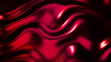 Red metal texture with waves, liquid dark metallic silk wavy pattern, 3D render illustration.