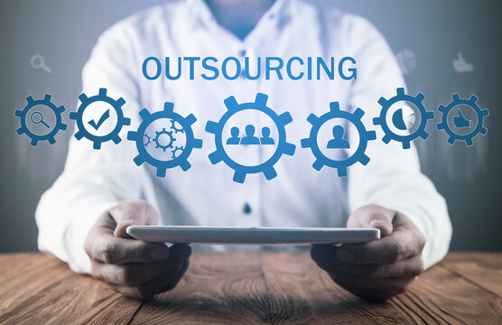 Man holding tablet computer. Outsourcing. Human resources