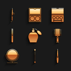 Set Perfume, Cotton swab for ears, Nail file, Hairbrush, Round makeup mirror, Eye shadow palette and Curling iron icon. Vector