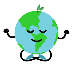 Cute happy smiling Earth planet meditate .Vector illustration card design. Isolated on white. Environmental protection concept for peace and happiness of the planet. Earth relax in lotus yoga pose