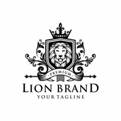 Lion heraldry emblem modern line style with a shield and crown