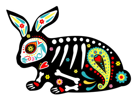 Dead hare, dead rabbit. Day of the Dead Dia de los Muertos style bunny. Animals skeleton bunny and hare skulls and skeleton decorated with colorful Mexican elements and flowers. Fiesta, Halloween