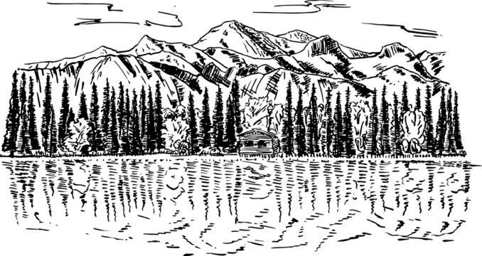 Landscape mountains, forest, river. Hand drawn sketch vector illustration. The mountain landscape is reflected on the lake.