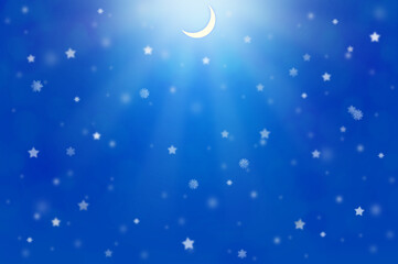 雪が降るキラキラ輝く新月と星の背景