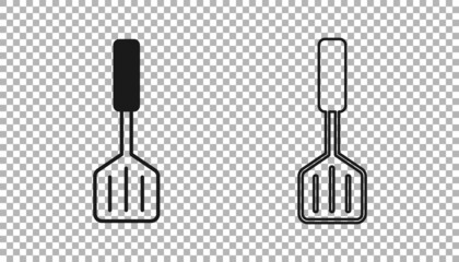Black Spatula icon isolated on transparent background. Kitchen spatula icon. BBQ spatula sign. Barbecue and grill tool. Vector