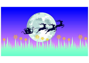 Santa Claus on a sleigh pulled by reindeer flies against the background of the full moon on a dark blue night over a fairy forest with snowflakes and stars