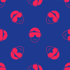 Red Eye sleep mask icon isolated seamless pattern on blue background. Sleeping mask. Vector