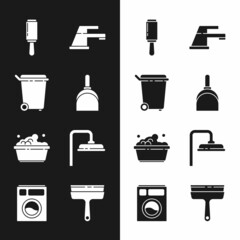 Set Dustpan, Trash can, Adhesive roller, Water tap, Plastic basin with soap suds, Shower head, Rubber cleaner for windows and Washer icon. Vector