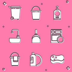 Set Trash can, Bucket, Hand sanitizer bottle, Washbasin with water tap, Dustpan, Kitchen dishwasher machine, rag and Dishwashing liquid plate icon. Vector