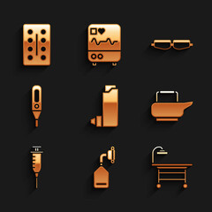 Set Inhaler, Medical oxygen mask, Operating table, Bedpan, Syringe, digital thermometer, Safety goggle glasses and Pills blister pack icon. Vector