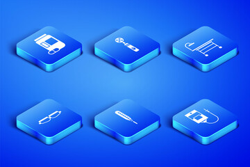 Set IV bag, Medicine bottle and pills, Medical thermometer, Safety goggle glasses, Electric toothbrush and Operating table icon. Vector