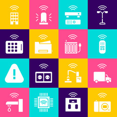 Set Smart photo camera, truck, remote control, Wireless TV box receiver, printer, tablet, home with wireless and heating radiator icon. Vector