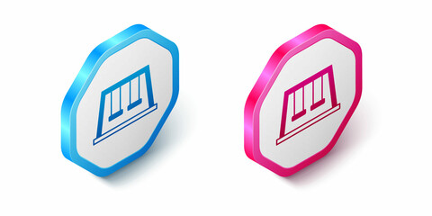 Isometric Swings for kids summer games on playground icon isolated on white background. Outdoor entertainment equipment. Hexagon button. Vector