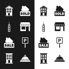 Fototapeta na wymiar Set Market store, Skyscraper, House, Hanging sign with text Sold, Sale, Parking, Hotel service bell and icon. Vector