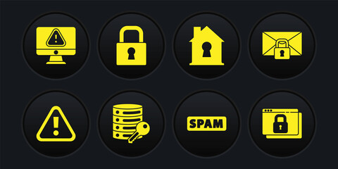 Set Exclamation mark in triangle, Mail message lock password, Server security with key, Spam, House under protection, Lock, Secure your site HTTPS, SSL and Monitor exclamation icon. Vector
