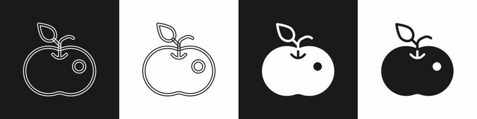 Set Poison apple icon isolated on black and white background. Poisoned witch apple. Vector