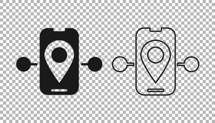 Black Route location icon isolated on transparent background. Train line path of train road route with start point GPS and dash line. Vector