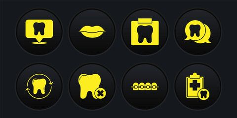 Set Tooth whitening, with caries, Teeth braces, X-ray of tooth, Smiling lips, Dental card and clinic location icon. Vector