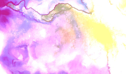 Pink Purple Yellow Watercolor Texture Background. Fantasy colors ink effect aquarelle background for vintage card. Grungy smooth wet pastel light pink, purple and yellow shades watercolor. Vector