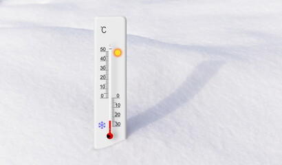 White celsius scale thermometer in the snow. Ambient temperature minus 24 degrees