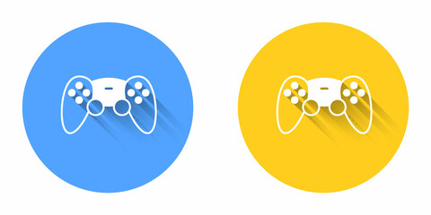 White Game controller or joystick for game console icon isolated with long shadow background. Circle button. Vector