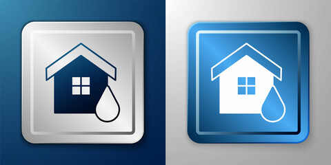 White House flood icon isolated on blue and grey background. Home flooding under water. Insurance concept. Security, safety, protection, protect concept. Silver and blue square button. Vector