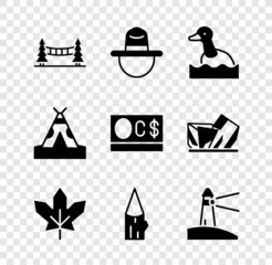 Set Capilano Suspension Bridge, Canadian ranger hat, Flying duck, maple leaf, Wooden log, Lighthouse, Indian teepee or wigwam and dollar icon. Vector © vector_v