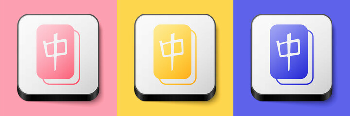 Obraz premium Isometric Mahjong pieces icon isolated on pink, yellow and blue background. Chinese mahjong red dragon game emoji. Square button. Vector