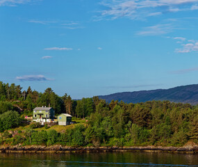 A Traditional Green Painted Wooden House set amongst the Pines of a small Island in Bergen fjord on a sunny Summers morning in July.