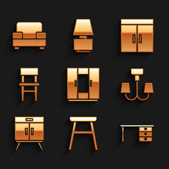 Set Wardrobe, Chair, Office desk, Chandelier, Chest of drawers, and Armchair icon. Vector