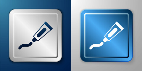 White Tube of toothpaste icon isolated on blue and grey background. Silver and blue square button. Vector