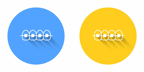 White Teeth with braces icon isolated with long shadow background. Alignment of bite of teeth, dental row with with braces. Dental concept. Circle button. Vector