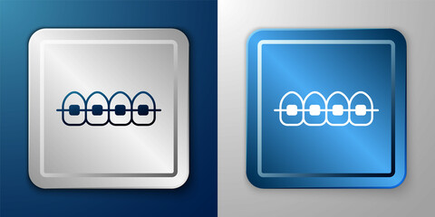 White Teeth with braces icon isolated on blue and grey background. Alignment of bite of teeth, dental row with with braces. Dental concept. Silver and blue square button. Vector