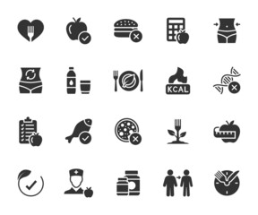 Vector set of healthy eating flat icons. Contains icons nutrition plan, metabolism, nutritionist, calorie counting, weight loss, water balance, calories, healthy food, dietary supplements and more. - obrazy, fototapety, plakaty