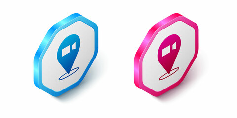 Isometric Video chat conference icon isolated on white background. Online meeting work form home. Remote project management. Hexagon button. Vector