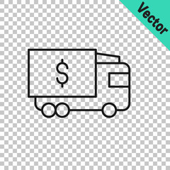 Black line Armored truck icon isolated on transparent background. Vector