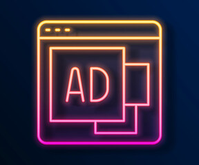 Glowing neon line Advertising icon isolated on black background. Concept of marketing and promotion process. Responsive ads. Social media advertising. Vector