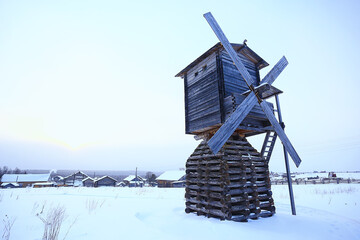 mill winter landscape, Kimzha, windmill wooden architecture