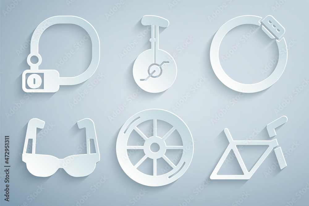 Sticker set bicycle wheel, brake disc, sport cycling sunglasses, frame, unicycle one bicycle and lock icon. 