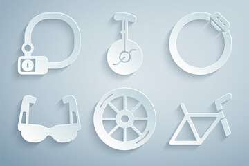 Set Bicycle wheel, brake disc, Sport cycling sunglasses, frame, Unicycle one bicycle and lock icon. Vector © vector_v