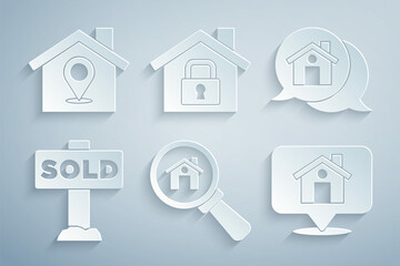 Set Search house, Real estate message, Hanging sign with text Sold, Location, House under protection and icon. Vector