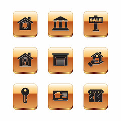 Set House with shield, key, Online real estate house, Garage, under protection, Hanging sign Sale, Market store and Museum building icon. Vector