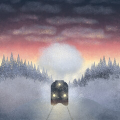 Illustration of a winter landscape with a railway train in the evening at sunset