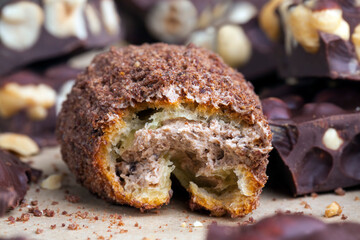 sprinkled with cocoa powder custard cake with chocolate filling