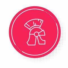 White line Roman army helmet icon isolated on white background. Red circle button. Vector